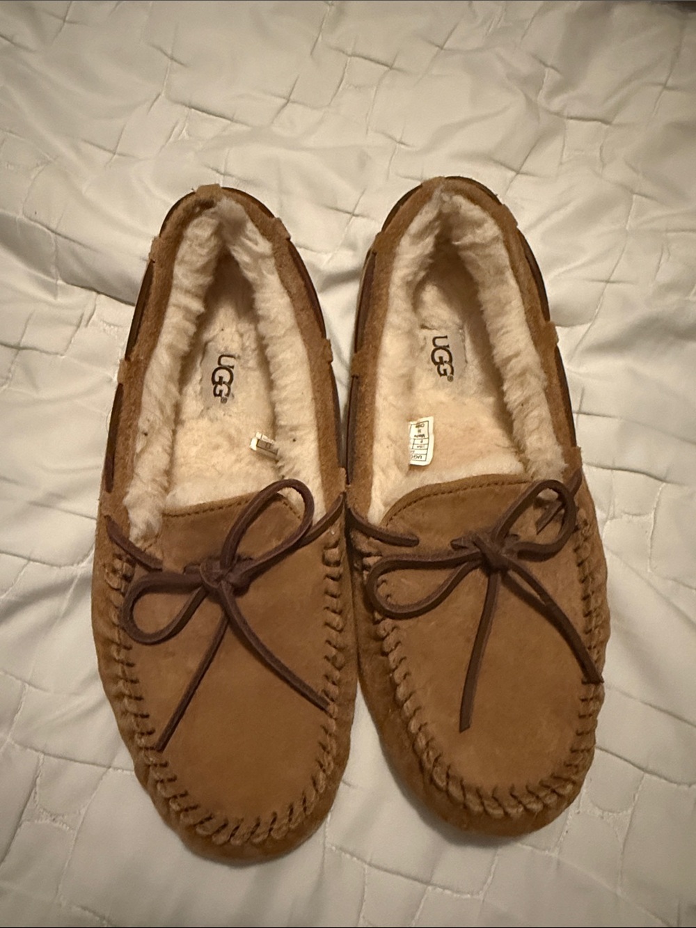 UGG Chestnut Suede Moccasin Slippers with Shearling Lining